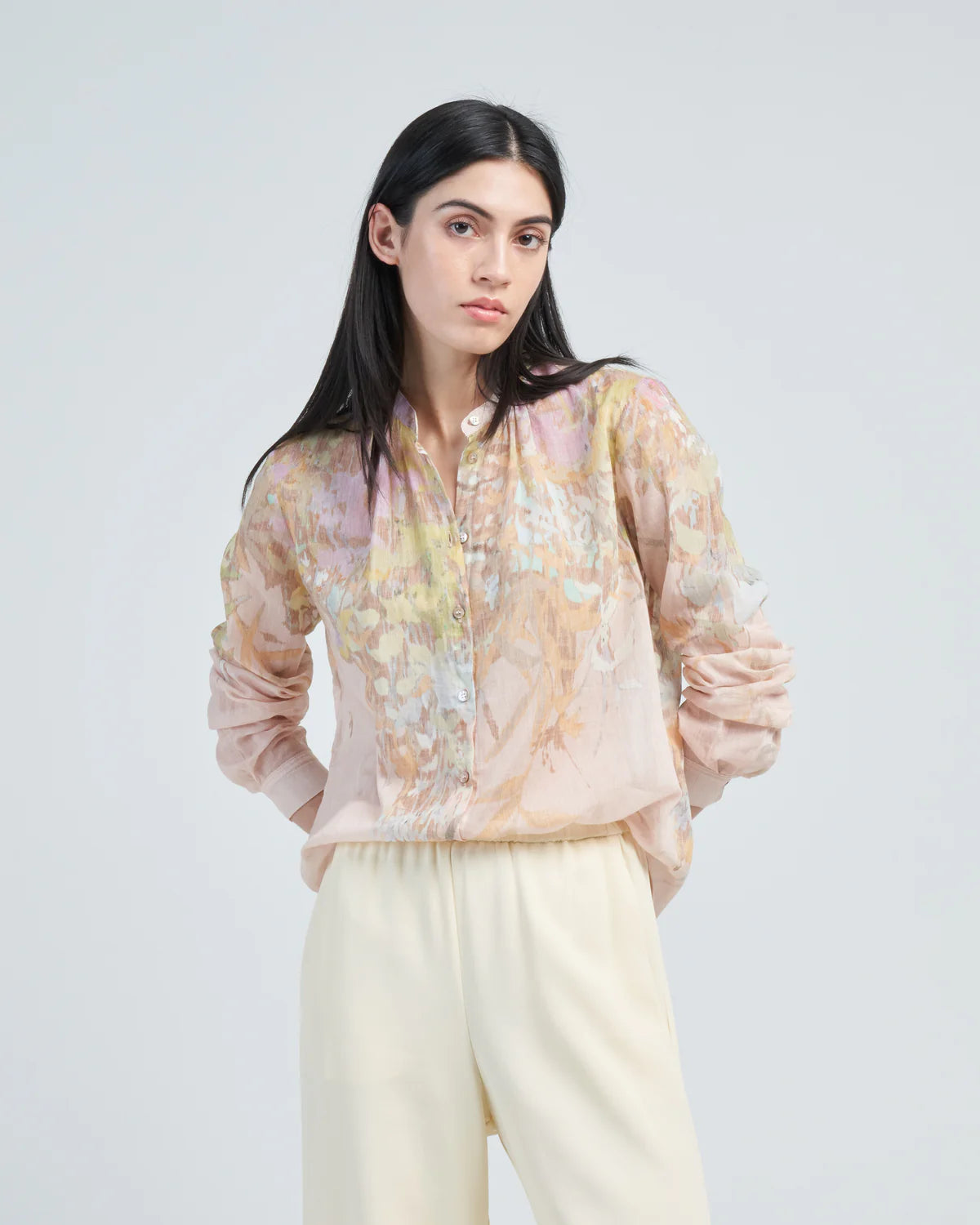 Sheer Shirts"heaven" print cotton silk voile grandfather shirt