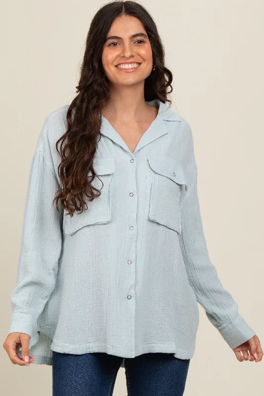 High-Fashion ShirtsLight Blue Cotton Gauze Button Down Shirt