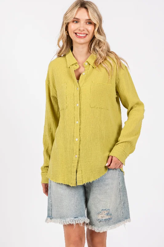 Gym ShirtsLime Front Pocket Fringe Hem Button Up Shirt