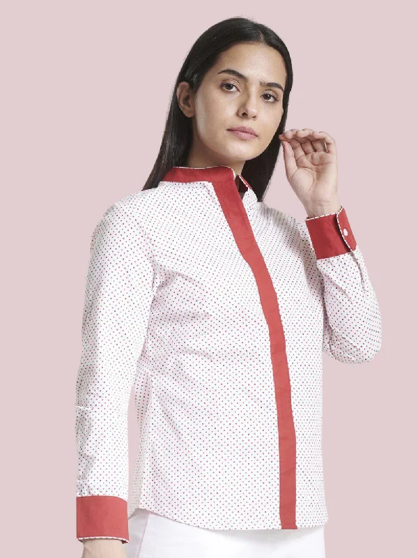 Zippered ShirtsMandarin Collar Cotton Shirt - White and Red