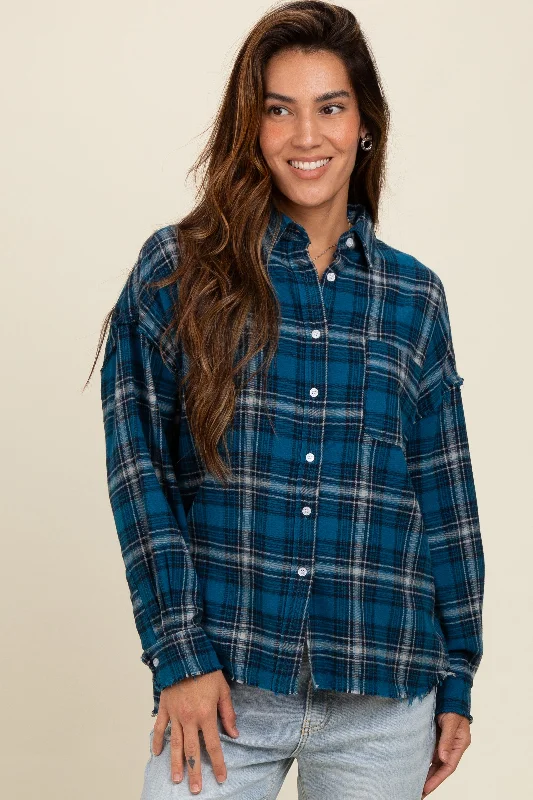 Sequined ShirtsNavy Plaid Fringe Hem Shirt