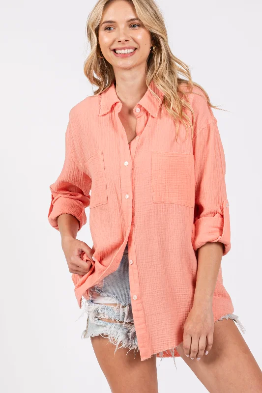 Sleep ShirtsPeach Front Pocket Fringe Hem Button Up Shirt