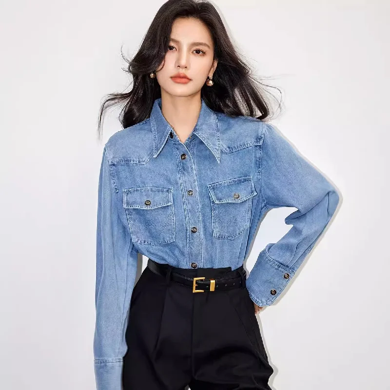 Compression ShirtsWomen's Retro Denim Shirt Button Front Pockets Cowboy Style Blouse