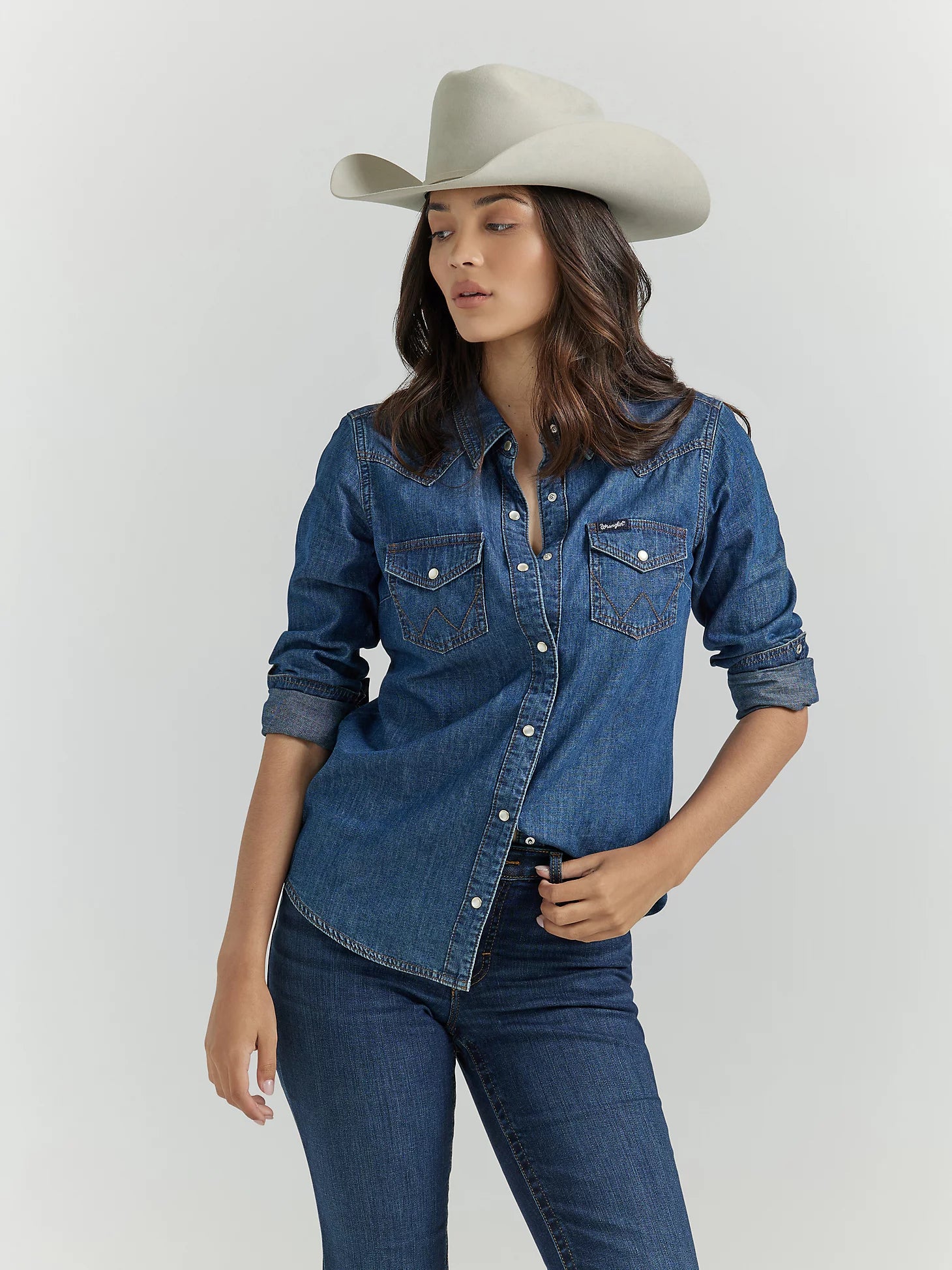 Embellished ShirtsWrangler Long Sleeve Western Snap Denim Shirt in Dark Denim