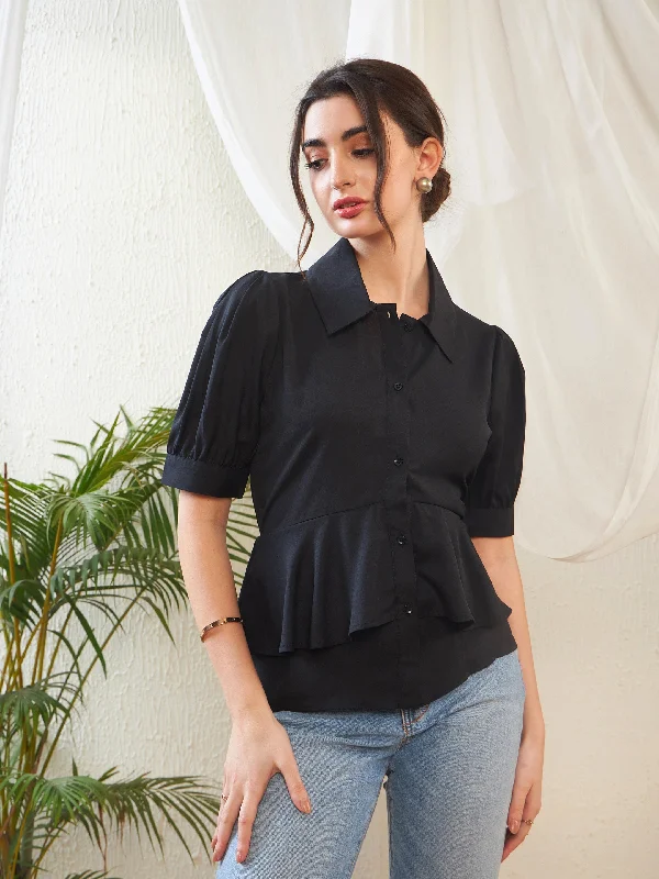 Button-Up ShirtsWomen Black Frill Detail Shirt Style Blouse