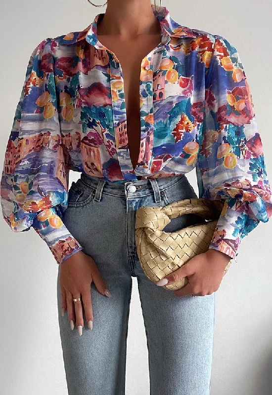 Quick-Dry ShirtsWomen's Funky Retro Print Blouse Long Sleeve Button Front Detailed Cuff Shirt Casual Fashion Multicolour