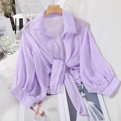 Hunting ShirtsWomen's Loose Sheer Blouse Tie Bottom Puff Sleeves Button Front Short Shirt