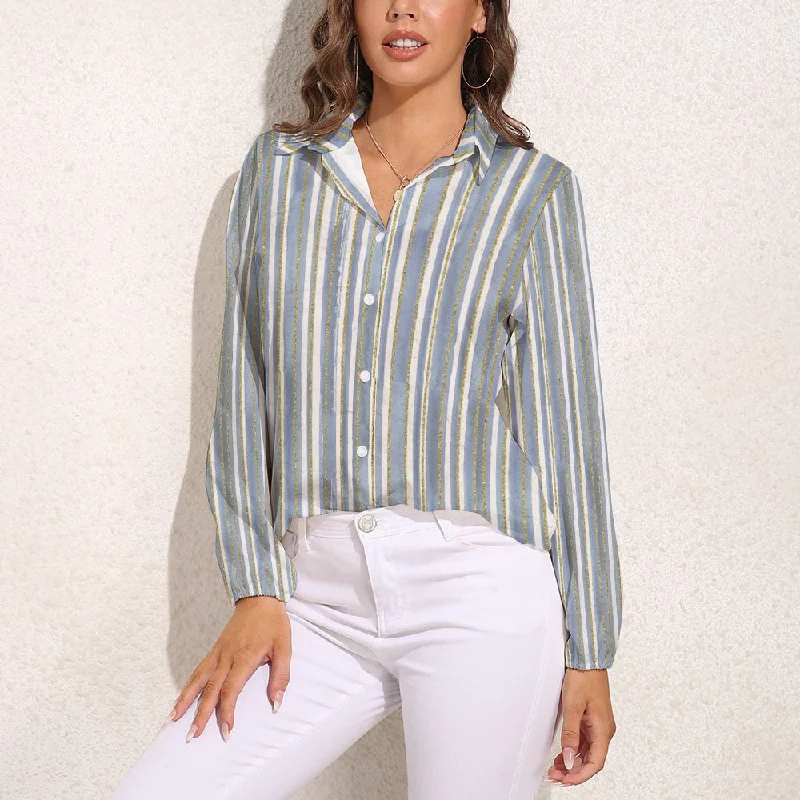 Quick-Dry ShirtsWomen's Stripe Print Button Front Long Sleeve Collar Elastic Cuff Vintage Casual Fashion Shirt Top Blouse