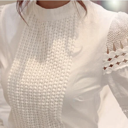 Metallic ShirtsWomen's Textured Cut Out Blouse Long Sleeve White Shirt Lace Hook Size S-5XL