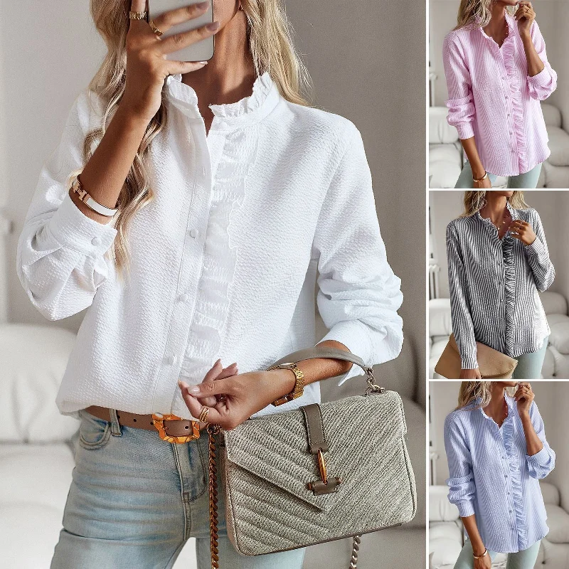 Denim ShirtsWomen's Textured Frill Edge Blouse Long Sleeved Button Front Shirt