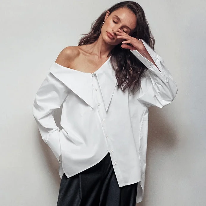 Floral ShirtsWomen's White Off Shoulder Irregular Collar Loose Shirt