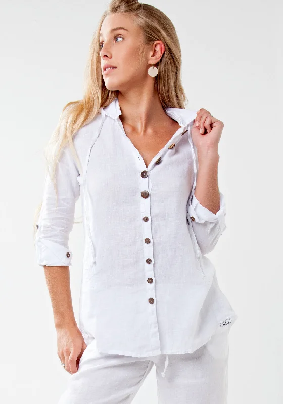 Streetwear ShirtsWomen's Linen Fitted Shirt with Coconut Buttons and Hood | 100% Natural Italian Style in White, Item #8027