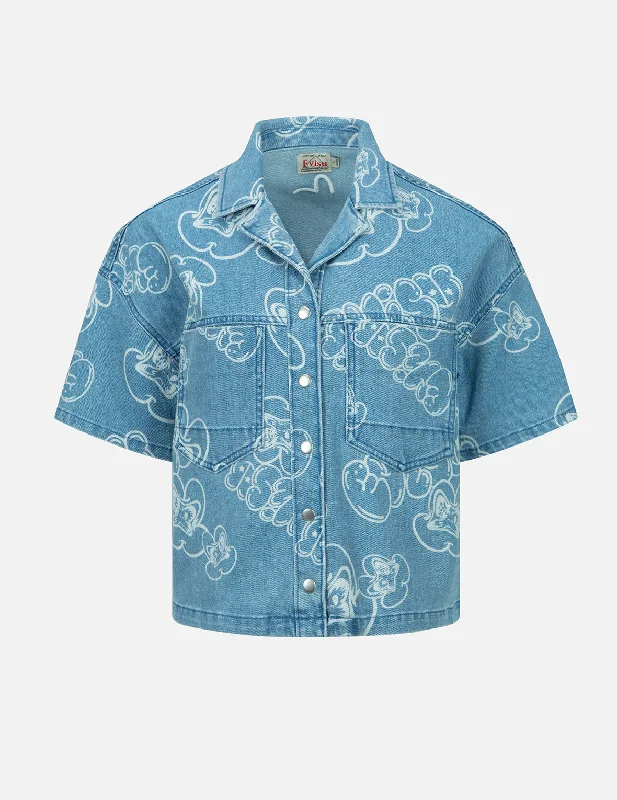 Peplum ShirtsAllover Graffiti Daruma and Logo Discharged-Print Denim Shirt