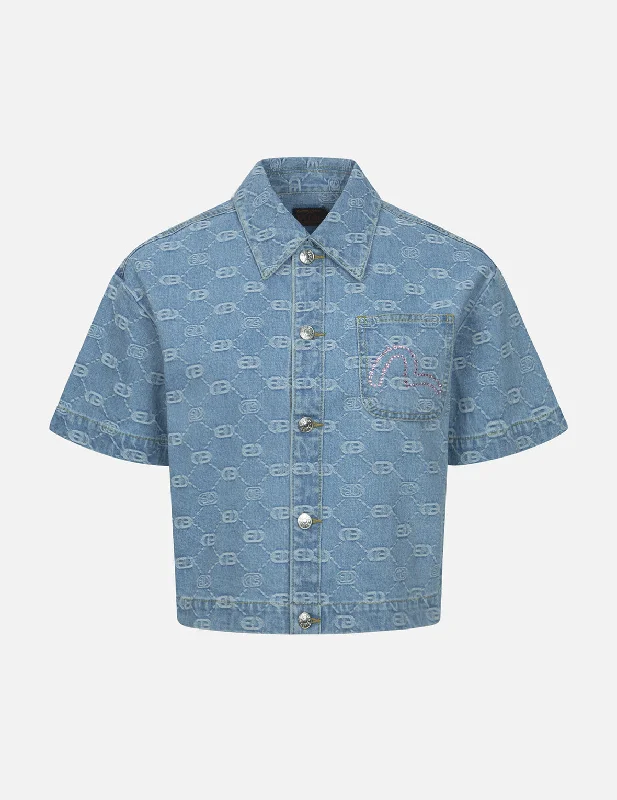 Ribbed Cuff ShirtsAllover Logo Jacquard and Rhinestone Seagull Fashion Fit Denim Shirt