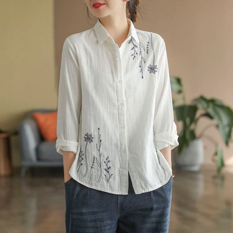 Embellished ShirtsClassic Floral Embroidered Cotton Linen Shirt