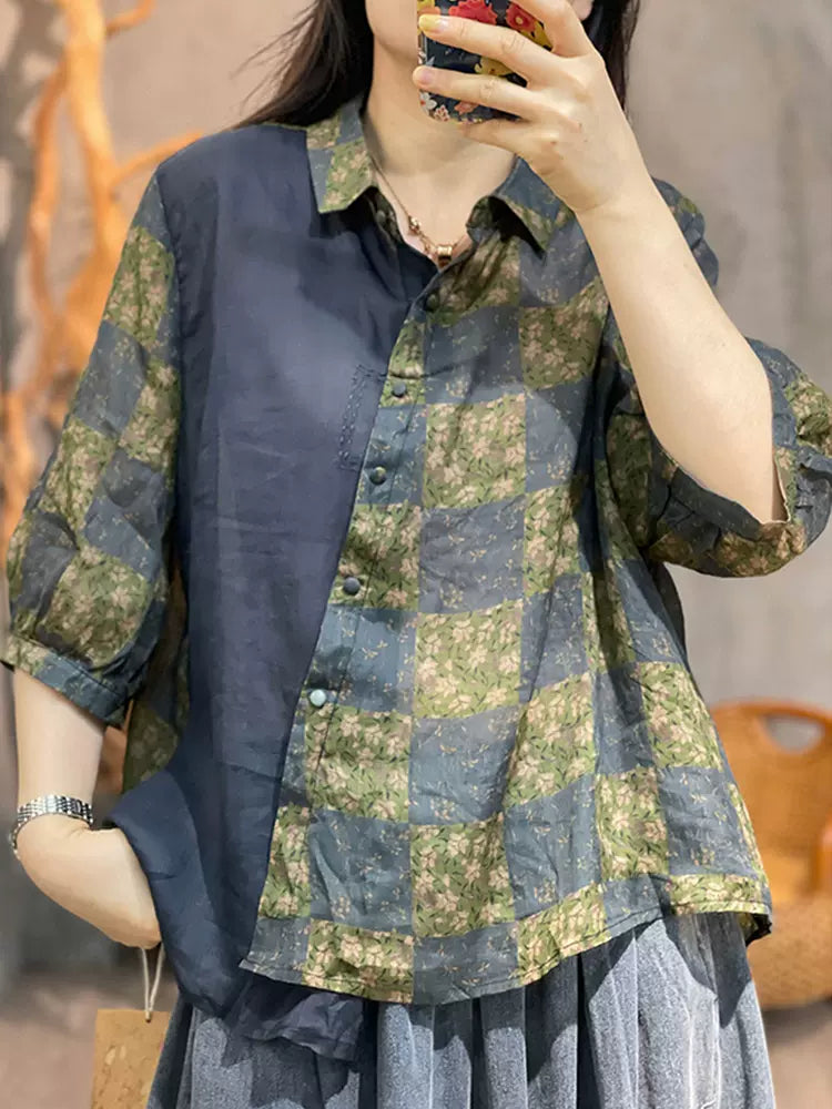 Asymmetrical ShirtsFloral Asymmetric Mid-Sleeve Cotton and Linen Shirt