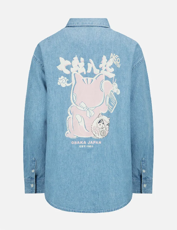 Athletic ShirtsFortune Cat with Daruma Print Denim Shirt