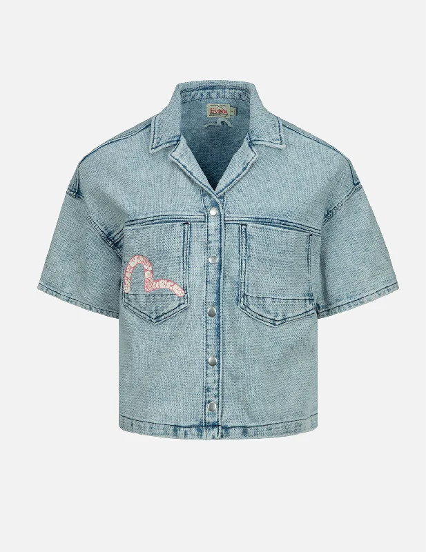 Rayon ShirtsGraffiti Seagull Print Boxy Denim Shirt