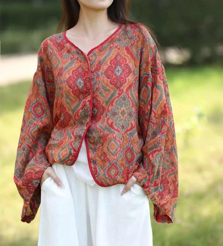 Sheer ShirtsRetro Ethnic Style Loose Ramie Shirts for Women