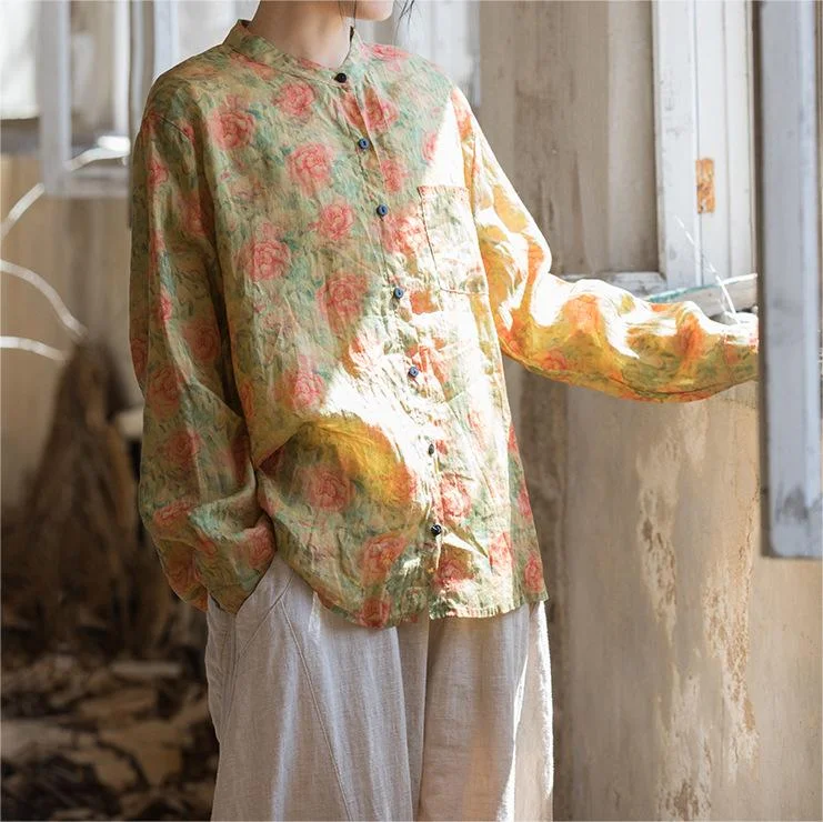 Ruffled ShirtsSpring Linen Long Sleeves Retro Floral Printed Shirt