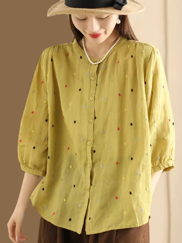 Beaded ShirtsWomen Casual Embroidered Polka Dot Ramie Shirt