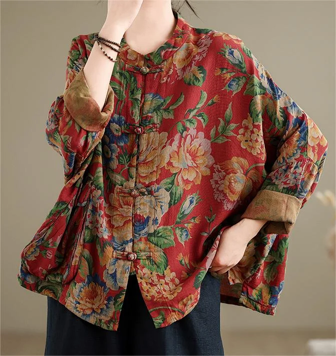 Silk ShirtsWomen Ethnic Retro Floral Chinese Frogs Loose Shirt