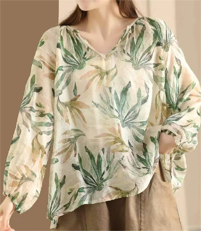 Recycled Fabric ShirtsWomen Summer Linen Retro Floral Printed Shirt