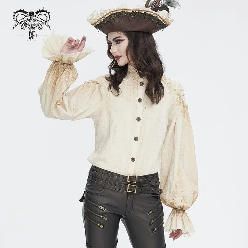 Casual ShirtsWomen's Steampunk Stand Collar Puff Sleeved Beige Shirt