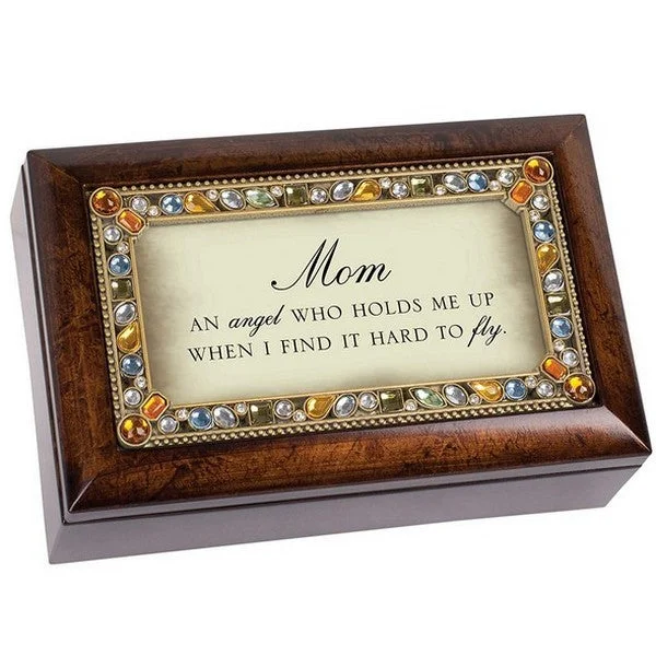 Mom An Angel Jeweled Dark Wood Finish Jewelry Music Box - Plays Tune Wind Beneath My Wings