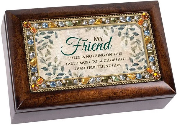 My Friend Cherished True Friendship Jeweled Amber Earth Tone Petite Music Box Plays That's What Friends are for