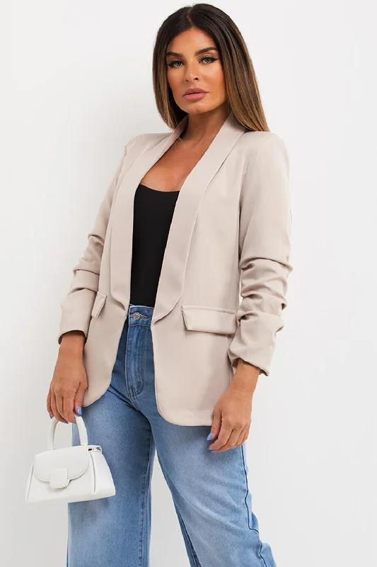 BlazerteamBeige Ruched Sleeve Blazer Jacket