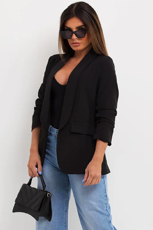 BlazerdataBlack Ruched Sleeve Blazer