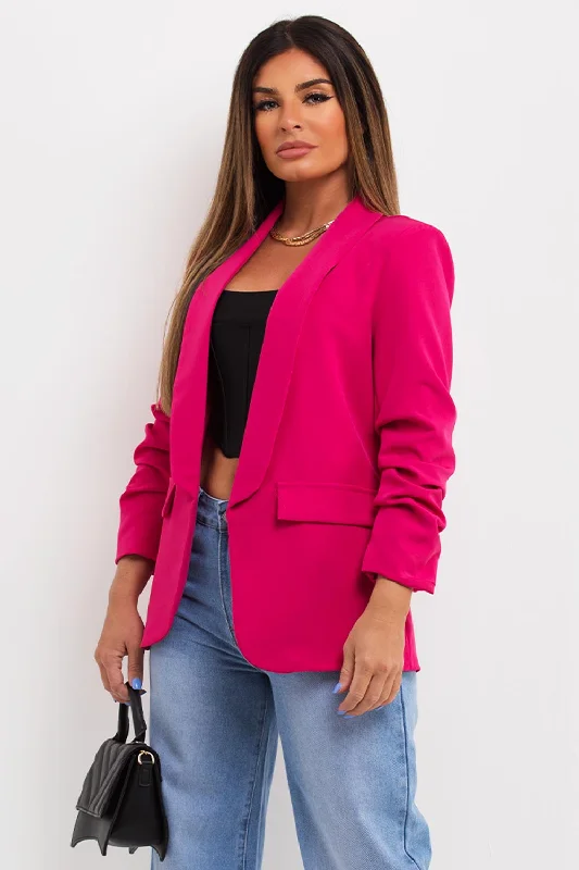 BlazernationHot Pink Ruched Sleeve Blazer