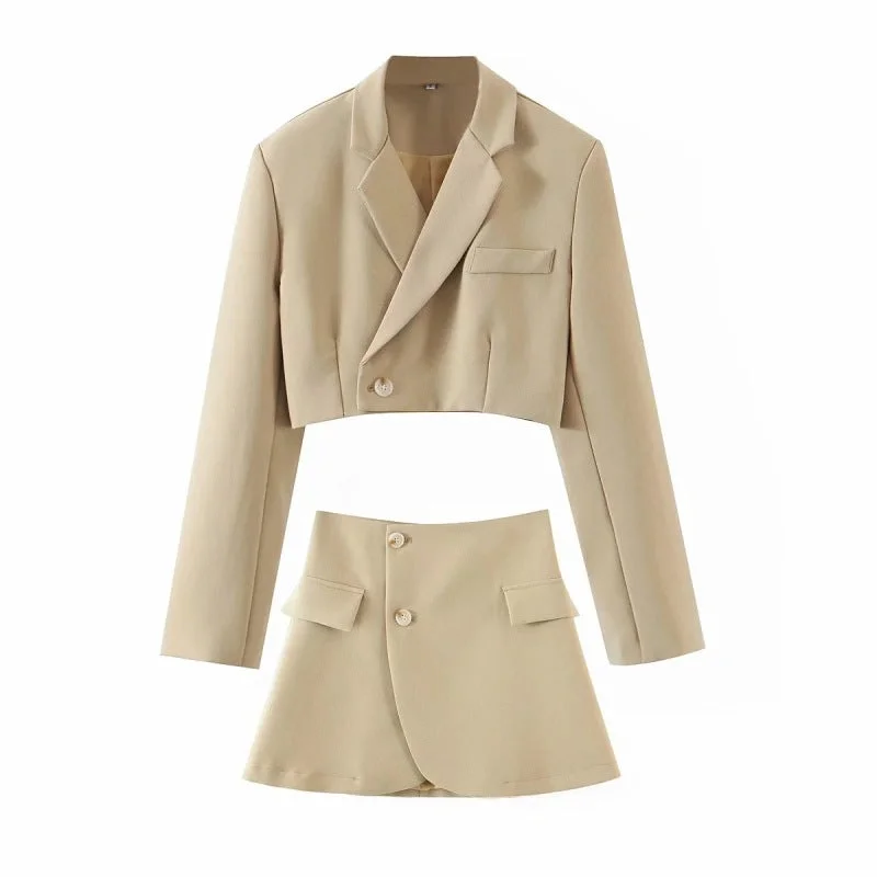 BlazeroutfitNew fashionable casual diagonal button short blazer + high waist pocket skirt suit