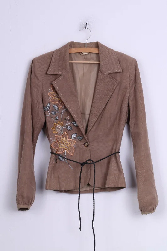 BlazermuseumO By Isabell Kristensen Women L (M) Blazer Beige Corduroy Embroidered Flowers Top