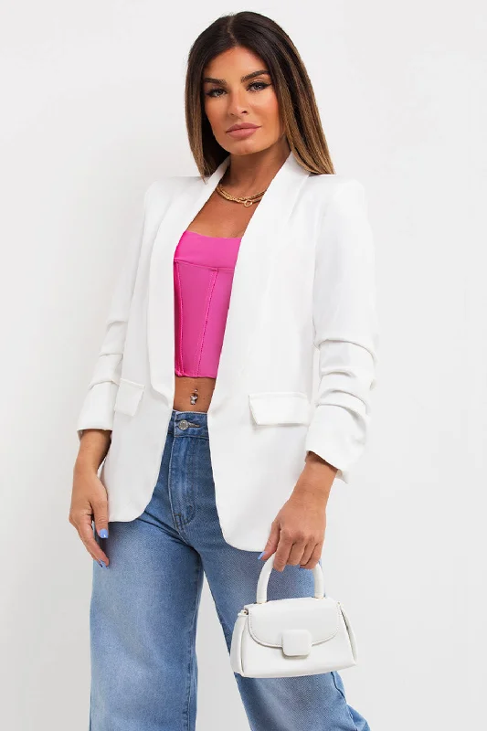 BlazernetworkOff White Ruched Sleeve Blazer