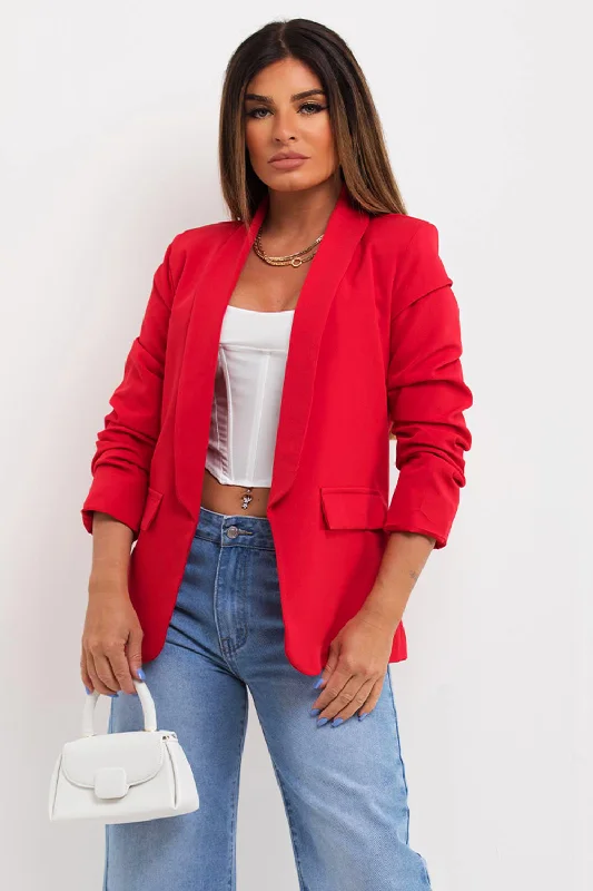 BlazerblockchainRed Ruched Sleeve Blazer