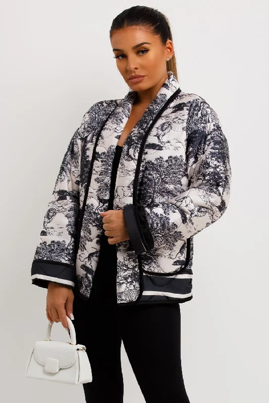 BlazerlegendSatin Quilted Blazer Jacket With Jungle Print Black White