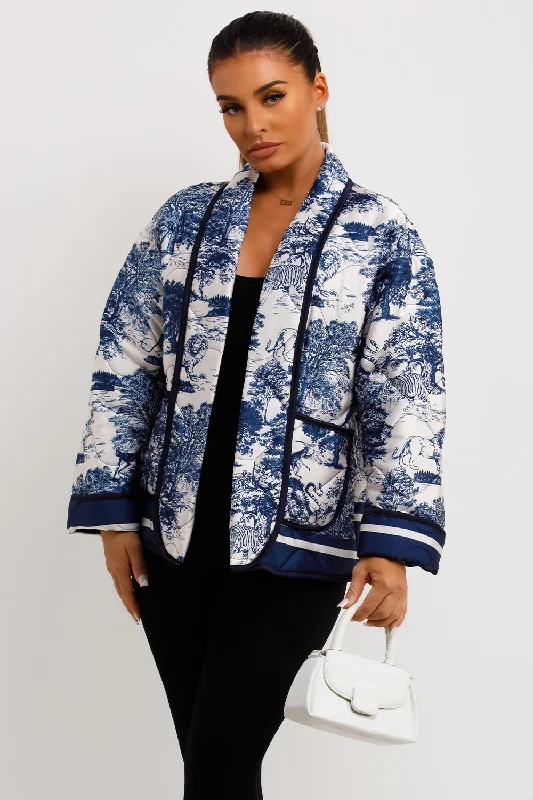 BlazerarenaSatin Quilted Blazer Jacket With Jungle Print Blue