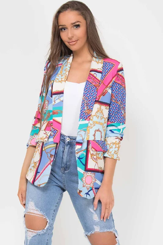 BlazerfilmScarf Print Ruched Sleeve Blazer Blue