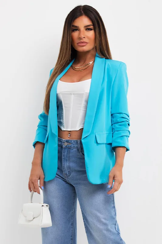 BlazermobileTurquoise Ruched Sleeve Blazer