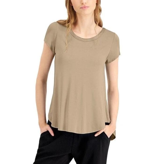 Sheer T-ShirtsAlfani Women's Petite Satin-Trim High-Low T-Shirt Beige Size Medium