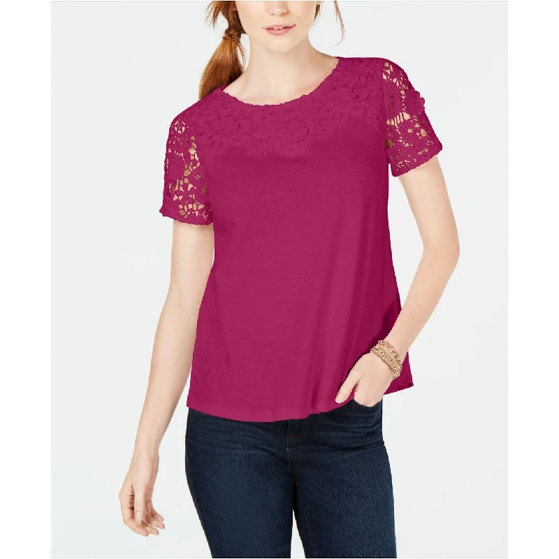 Bamboo T-ShirtsCharter Club Women's Cotton Lace-Embellished T-Shirt Fuchsia Size Small