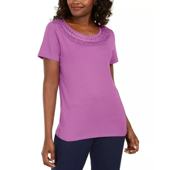 Colorblock T-ShirtsKaren Scott Women's Cotton Crochet-Trim T-Shirt Purple Size XL - X-Large