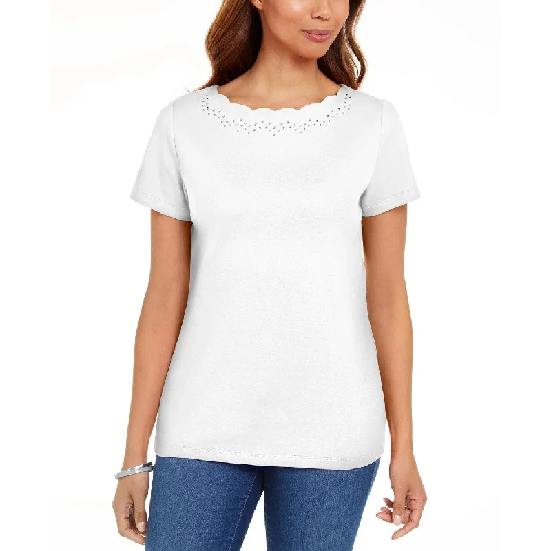 Sequined T-ShirtsKaren Scott Women's Cotton Scalloped Neck T-Shirt White Size Small