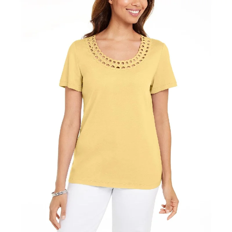 Relaxed Fit T-ShirtsKaren Scott Women's Cotton Scalloped Neck T-Shirt Yellow Size Small