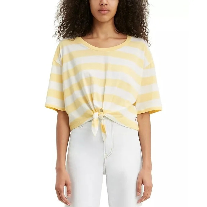 Blended Fabric T-ShirtsLevi's Women's Fiona Cotton Striped Tie-Front T-Shirt Yellow Size Small