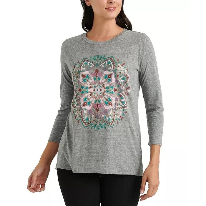 Boat Neck T-ShirtsLucky Brand Women's Mandala 3/4-Sleeve T-Shirt Gray Size Small