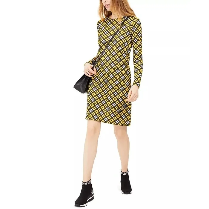 Lace-Up T-ShirtsMICHAEL Michael Kors Women's Plaid T-Shirt Dress Yellow Size Small