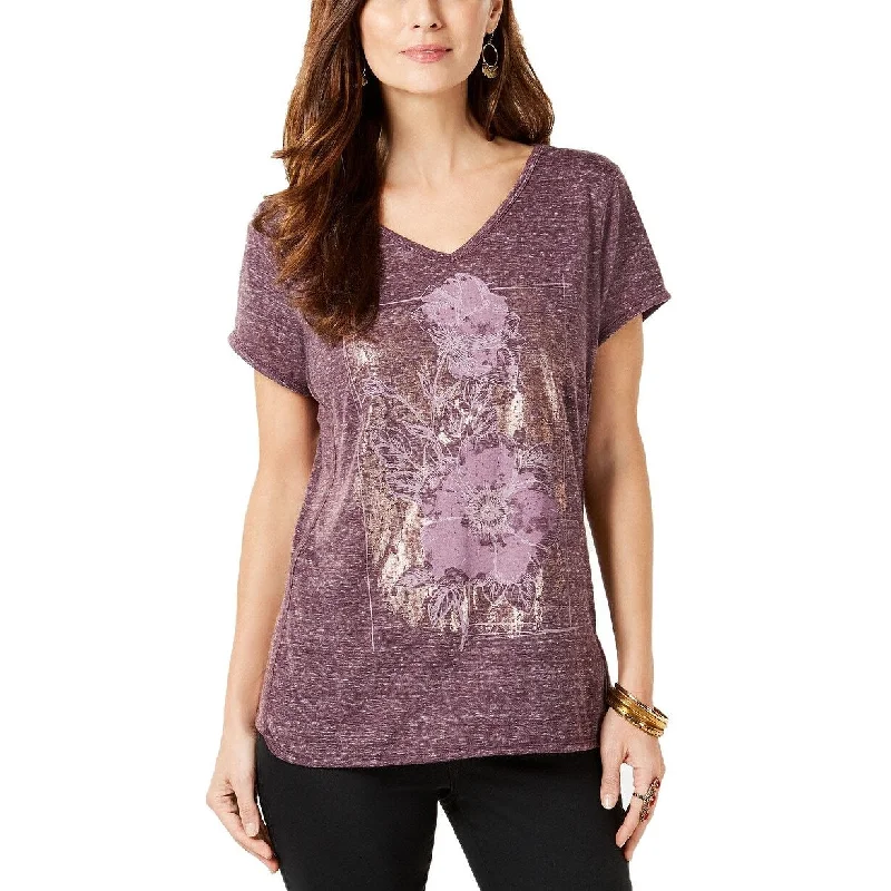 French Terry T-ShirtsStyle & Co Women's Metallic-Print Spacedyed T-Shirt Purple Size Extra Small - X-Small